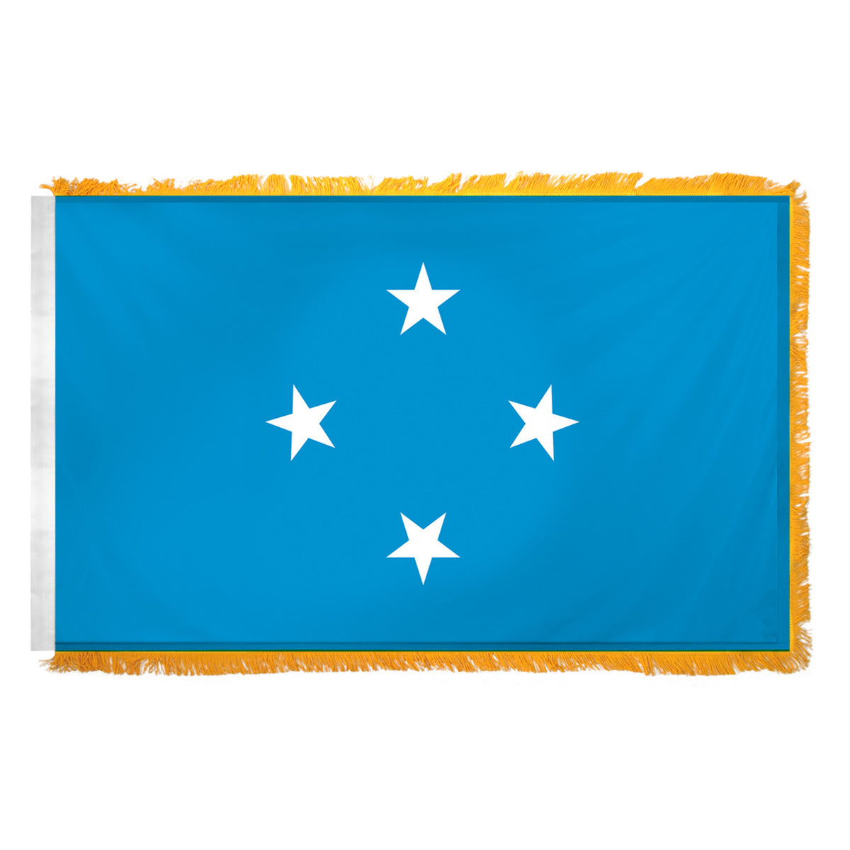 A Micronesia flag with blue background and four white stars.