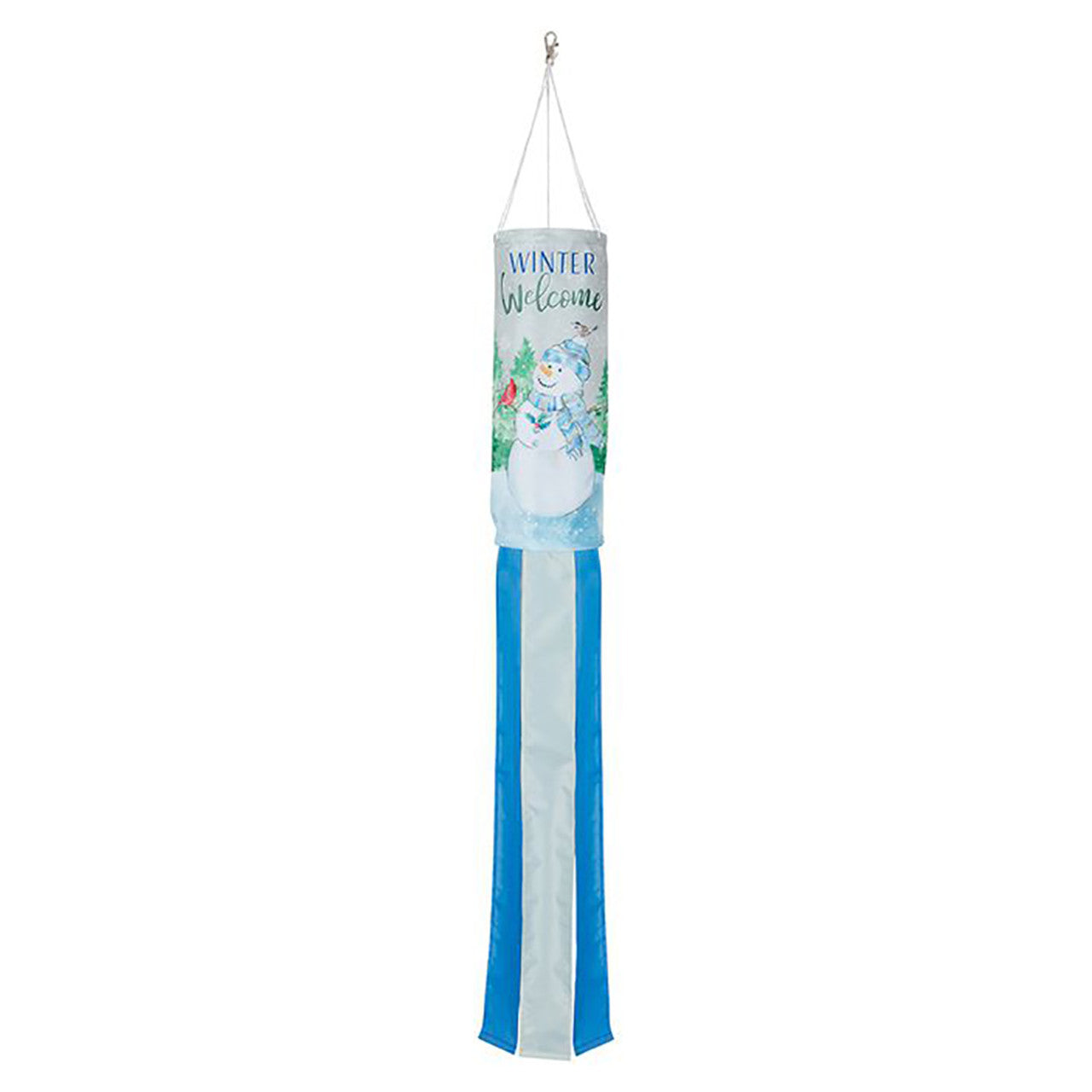 Decorative windsock with a snowman design and 'Winter Welcome' text on a white background