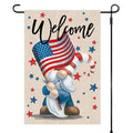 Garden flag with a gnome holding an American flag and the word 'Welcome' on a beige background.