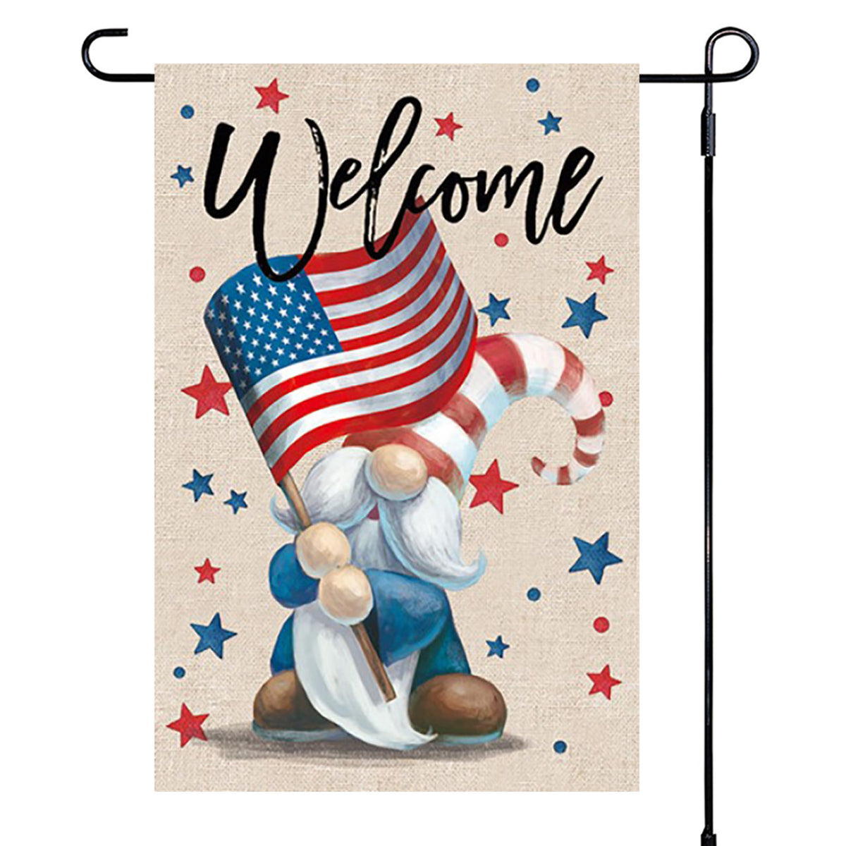 Garden flag with a gnome holding an American flag and the word 'Welcome' on a beige background.