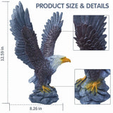 Bald eagle statue with spread wings on a rock base; product size diagram lists 12.59 in height and 8.26 in width, with close-up insets of feathers and talons.