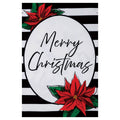 Christmas decorative garden flag with 'Merry Christmas' text, poinsettia flowers, and black and white striped border.