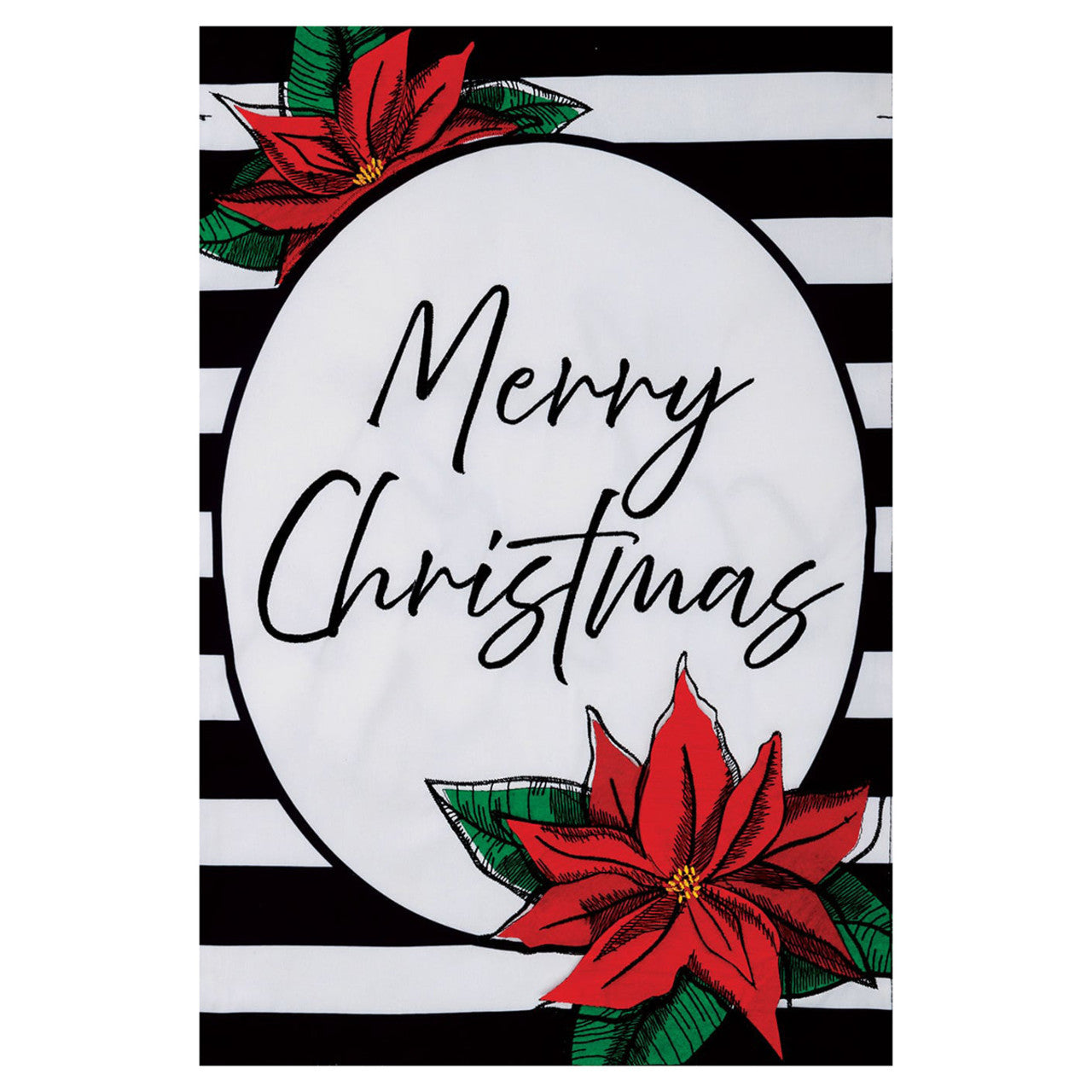 Christmas decorative garden flag with 'Merry Christmas' text, poinsettia flowers, and black and white striped border.