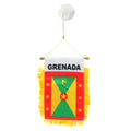 Flag of Grenada with red border and yellow stars with two green triangles and two yellow triangles within the red border.  A red circle with a yellow star is in the center.