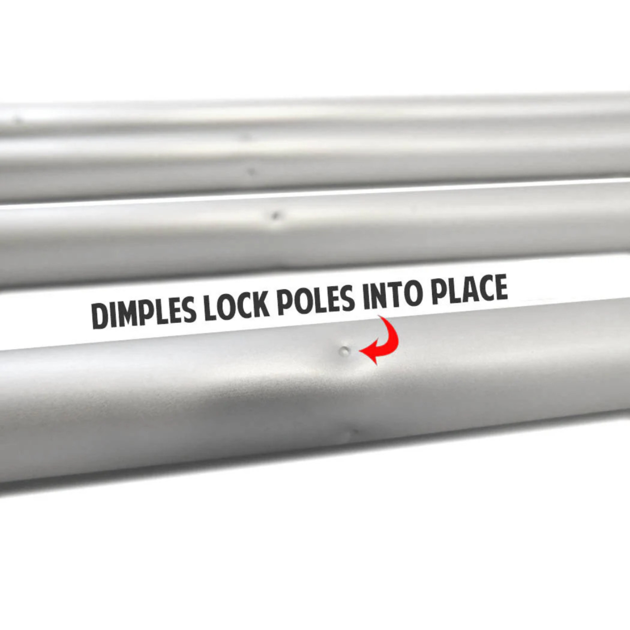 Metal poles with instructions on how to lock them into place on a white background