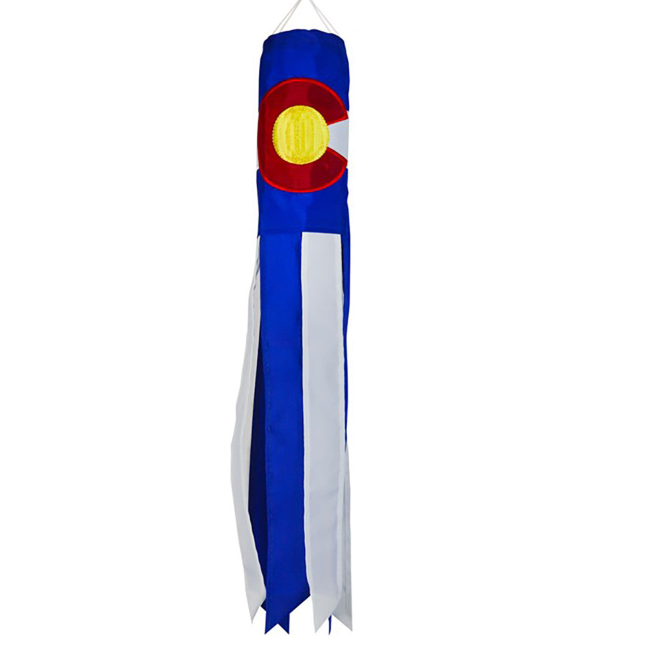Decorative windsock with Colorado state flag design on a white background