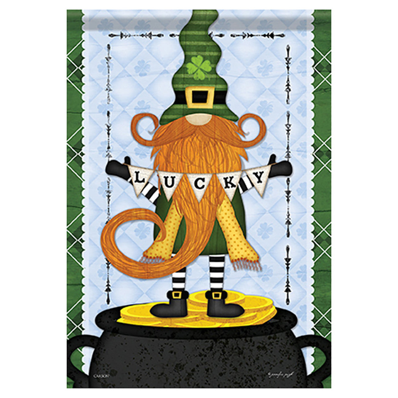 Colorful gnome with a banner saying 'Lucky' on a green and blue patterned background
