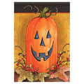 Decorative Halloween flag with a jack-o'-lantern design on an orange background.
