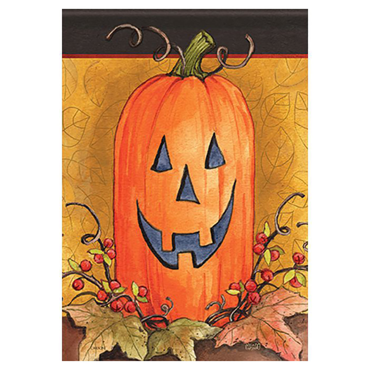 Decorative Halloween flag with a jack-o'-lantern design on an orange background.