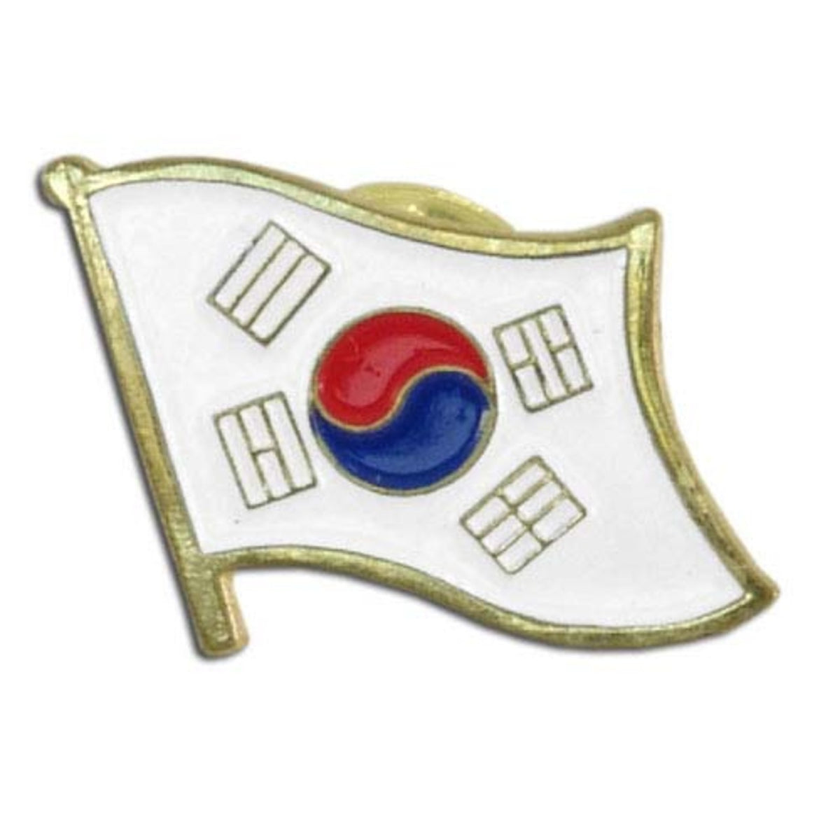 Lapel pin with a design resembling the South Korean flag on a white background