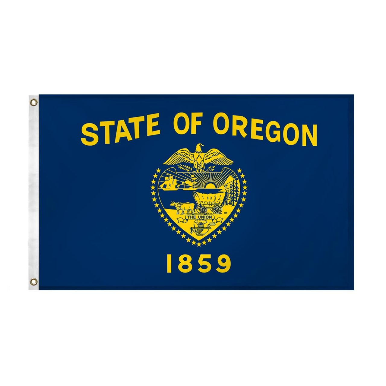 Flag of the State of Oregon with yellow text and emblem on a blue background