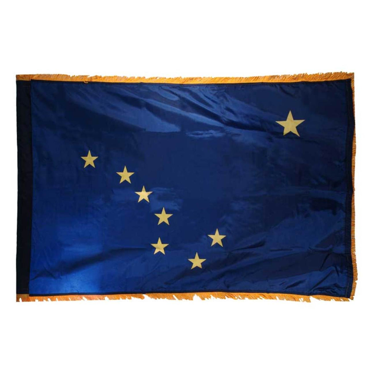 Alaska state flag with a blue background and yellow stars with yellow fringe on edges