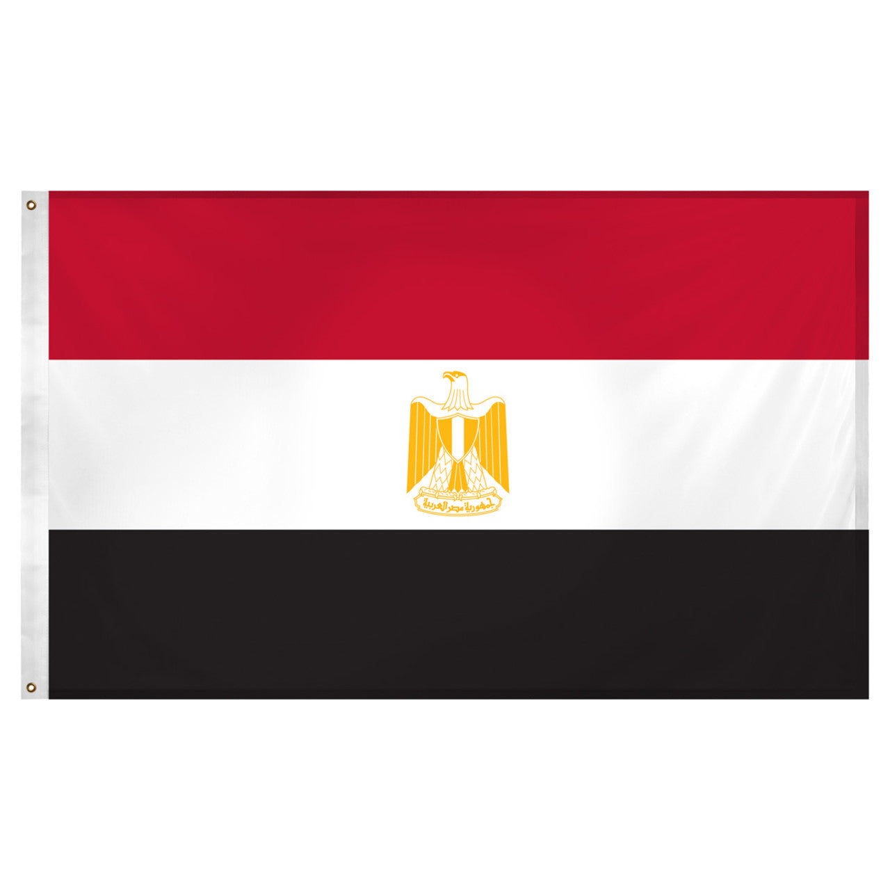 Flag of Egypt with a red, white, and black horizontal stripe design and a gold bird emblem in the center.