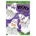 Halloween decorative flag with cartoon ghosts and 'BOO to You!' text on a purple background.