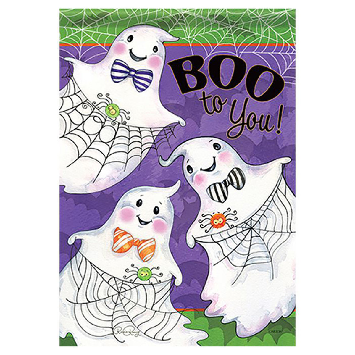 Halloween decorative flag with cartoon ghosts and 'BOO to You!' text on a purple background.