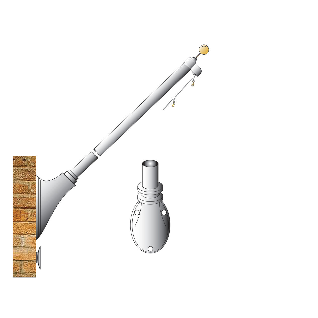 ECOM 12ft Outrigger Wall Mount Series Commercial Flagpole - .140 Wall Thickness - 2-3/8" Butt Diameter