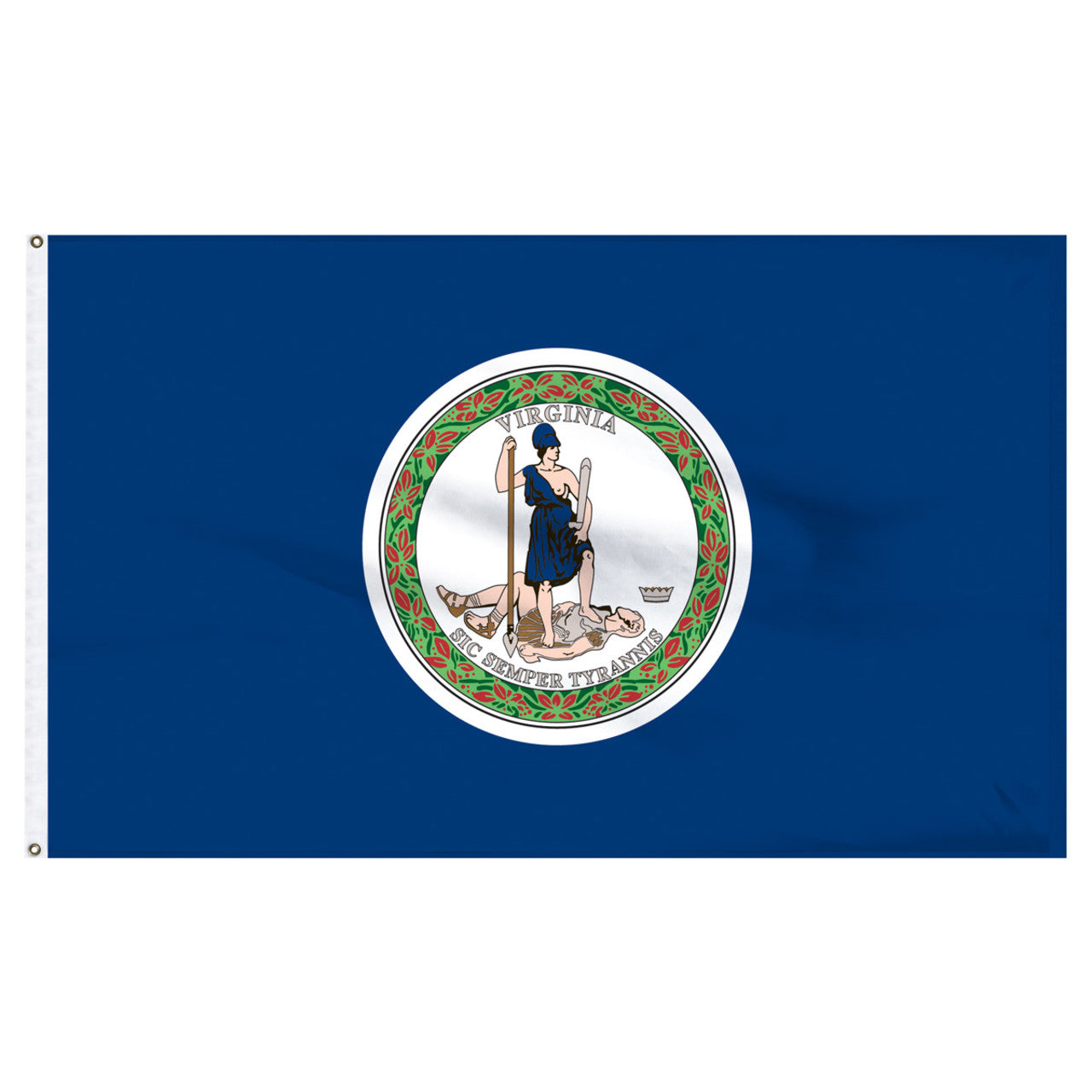 Virginia state flag featuring the historic full-color state seal and 'Sic Semper Tyrannis' motto on a solid dark blue field.