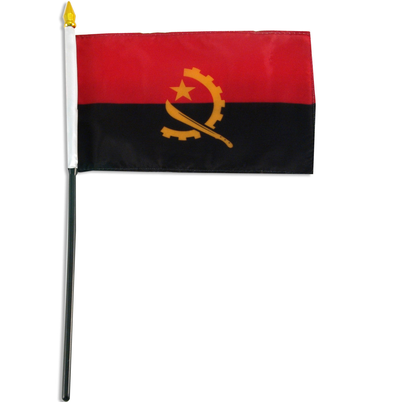 Flag of Angola with a red and black background and yellow emblem.