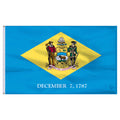 Delaware state flag with a yellow diamond featuring a coat of arms and 'December 7, 1787' text on a blue background