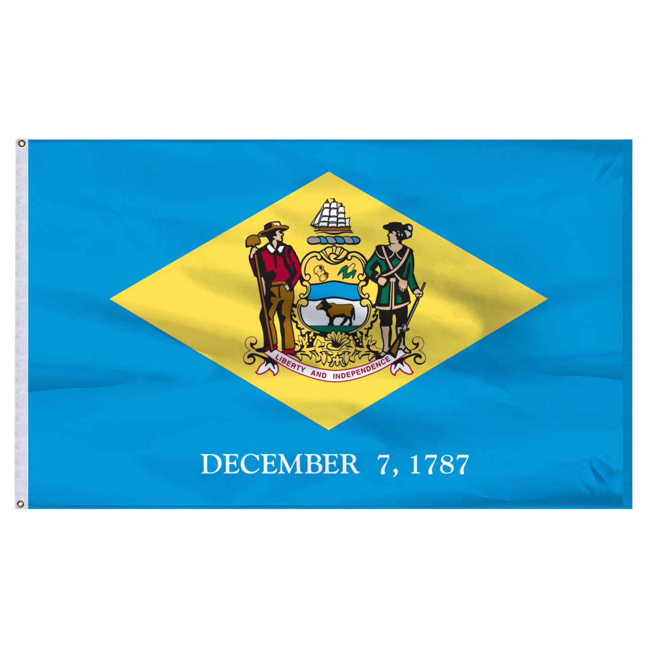 Delaware state flag with a yellow diamond featuring a coat of arms and 'December 7, 1787' text on a blue background