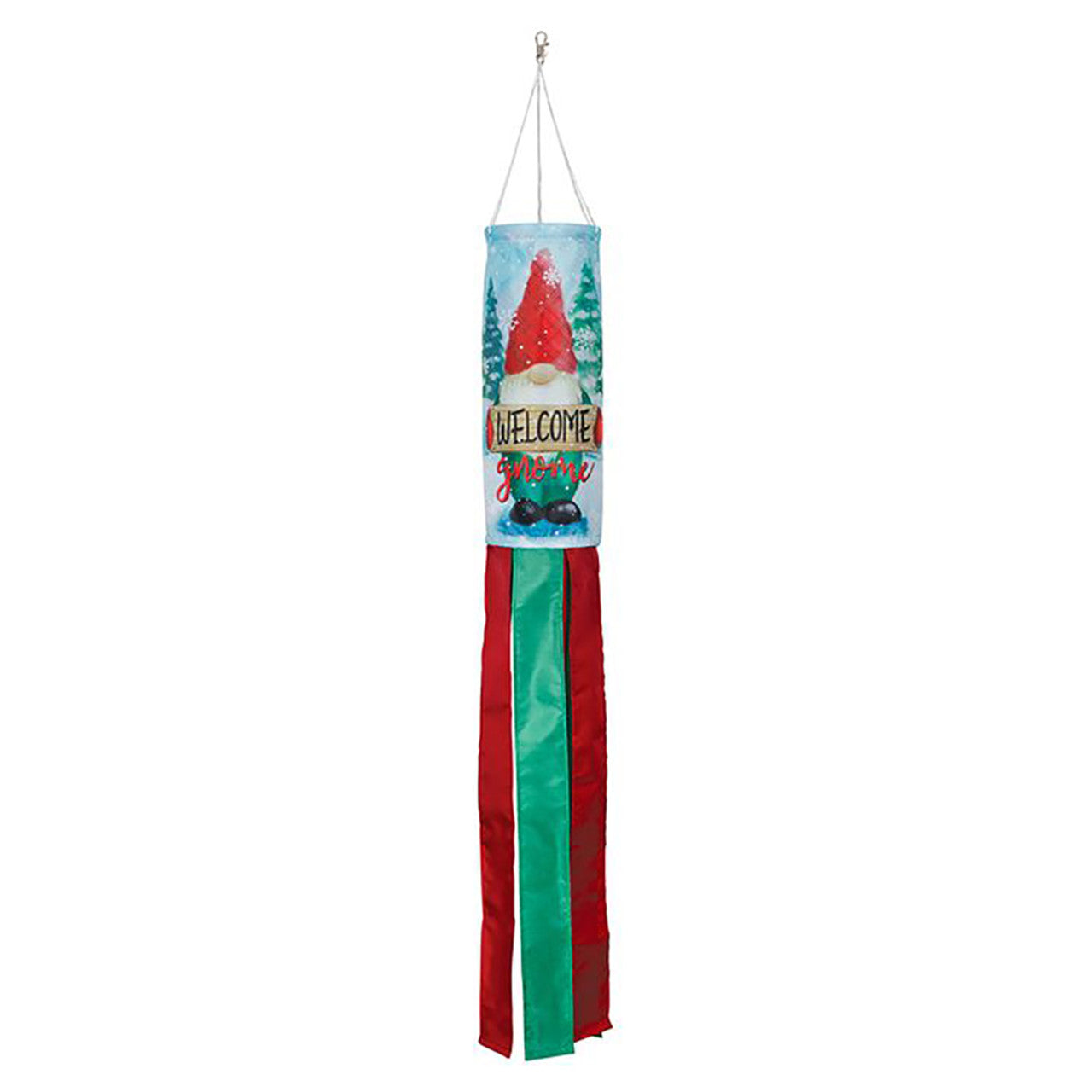 Decorative windsock with a gnome design on a white background