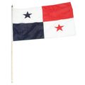 Flag of Panama with one blue block, one red block and two white blocks one with a blue star and one with a red star. 