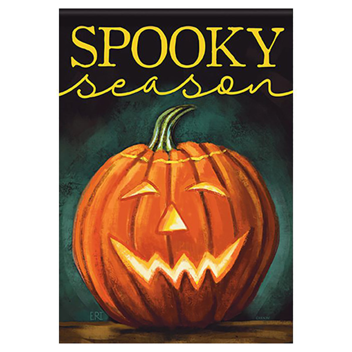 Decorative flag with a carved pumpkin with glowing interior, labeled 'Spooky Season' on a dark background.