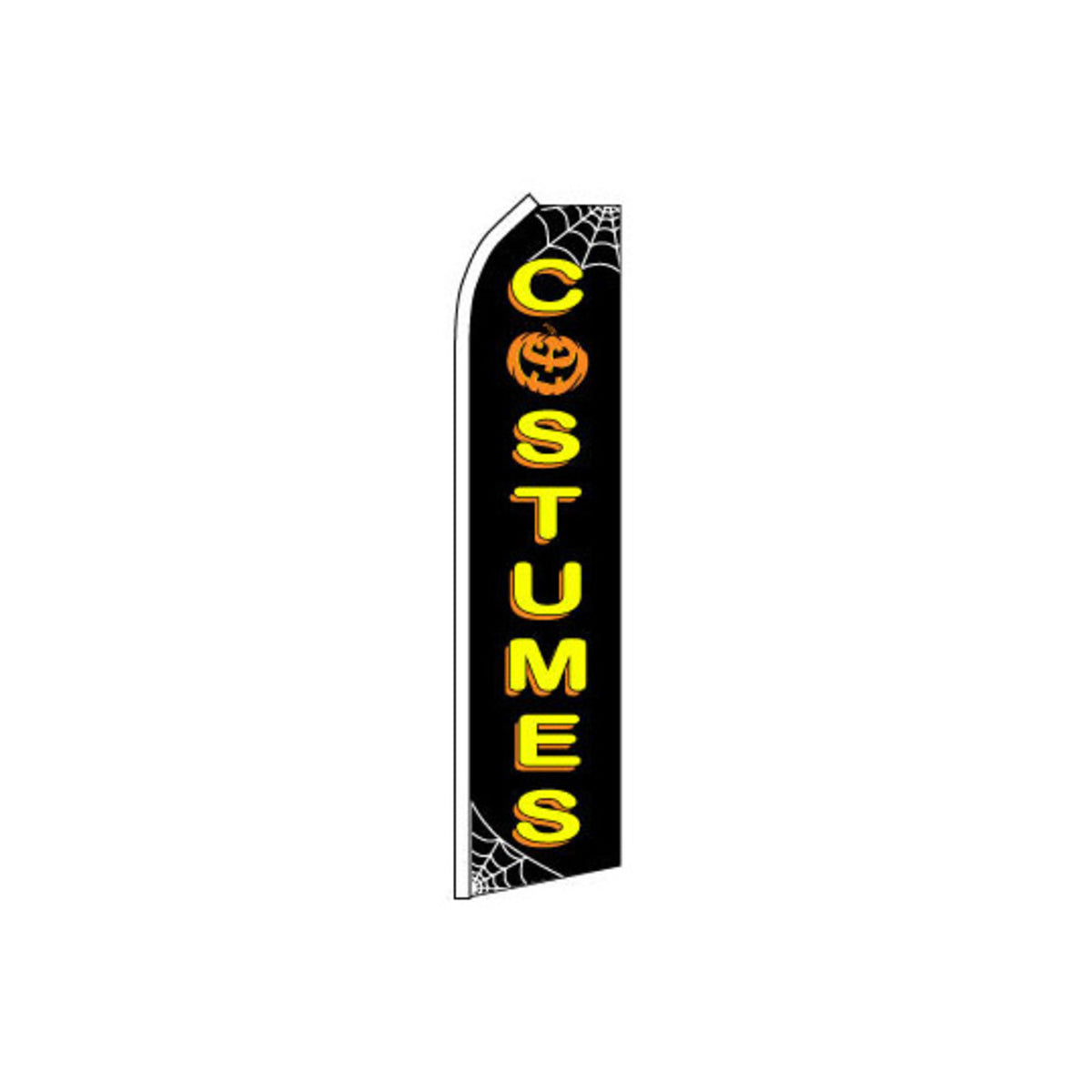 Halloween-themed feather flag with 'Costumes' text and pumpkin design on a white background