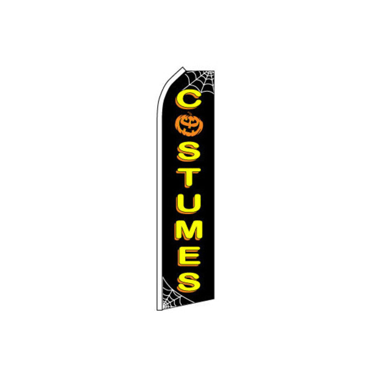 Halloween-themed feather flag with 'Costumes' text and pumpkin design on a white background