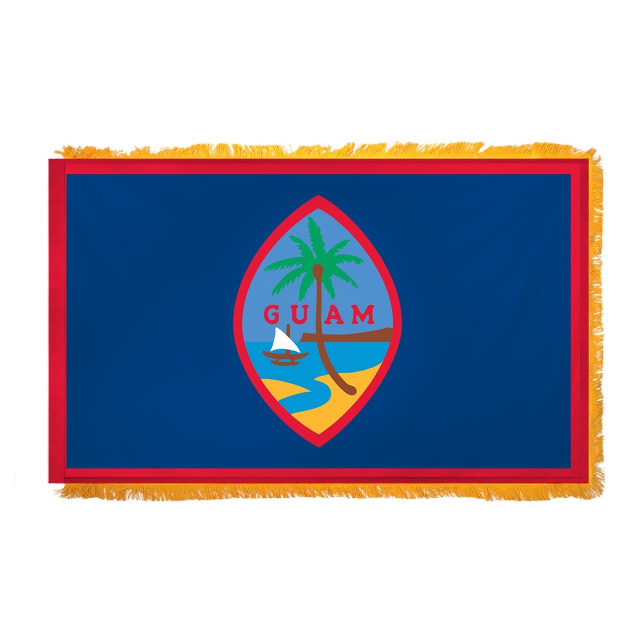Flag of Guam with a blue background, red border, and colorful emblem featuring a palm tree, beach, and sailboat.