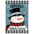 Decorative flag with a snowman wearing a checkered hat and red scarf, with the word 'Winter Welcome' on a blue background.