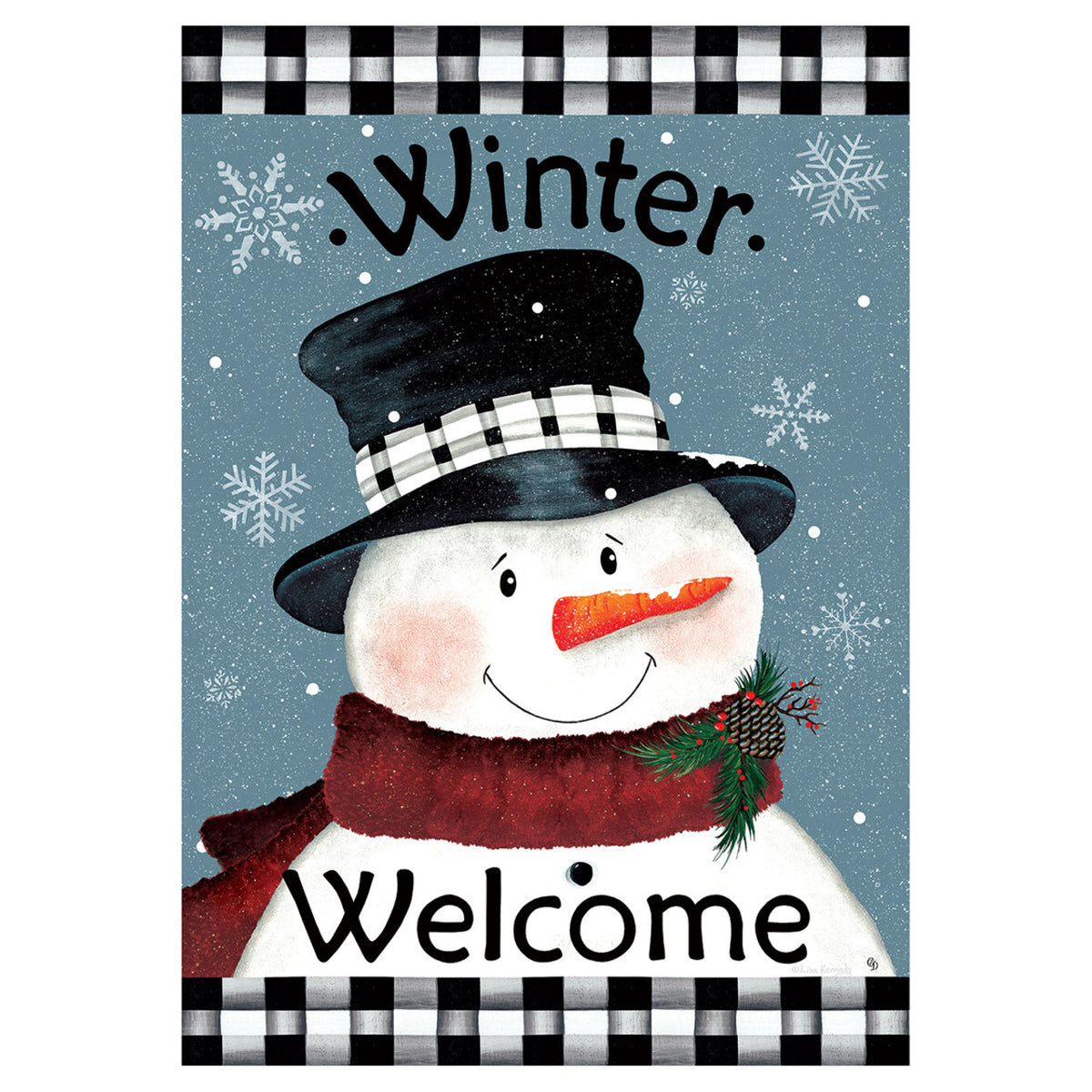 Decorative flag with a snowman wearing a checkered hat and red scarf, with the word 'Winter Welcome' on a blue background.