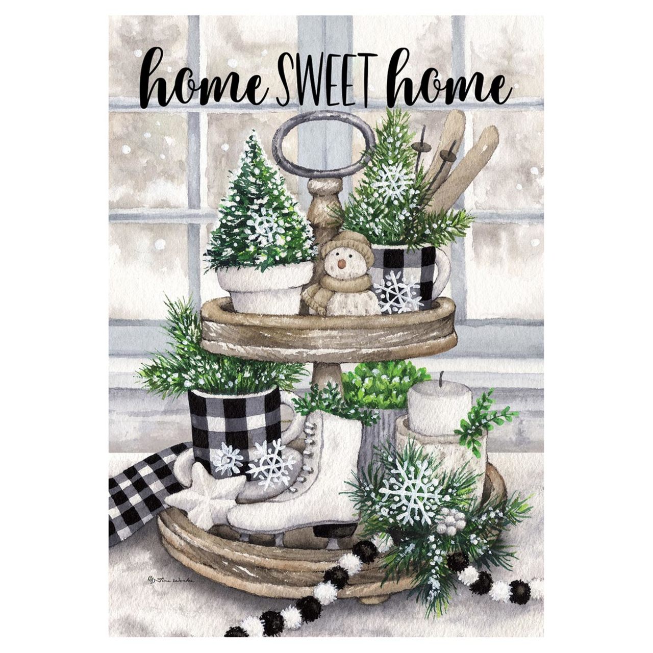 Decorative flag with two-tiered wooden stand with decorative items including a snowman, trees, and checkered fabric against a window background.