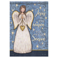 Decorative flag with an angel holding a heart and text 'Jesus is the reason for the season' on a blue background.