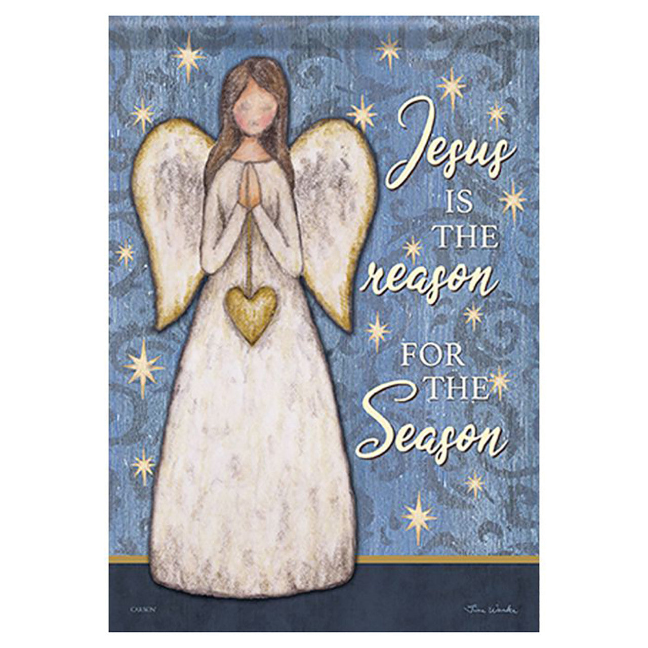 Decorative flag with an angel holding a heart and text 'Jesus is the reason for the season' on a blue background.