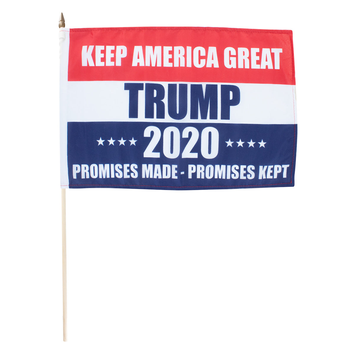 Flag with 'Keep America Great, Trump 2020, Promises Made, Promises Kept' text on a white background