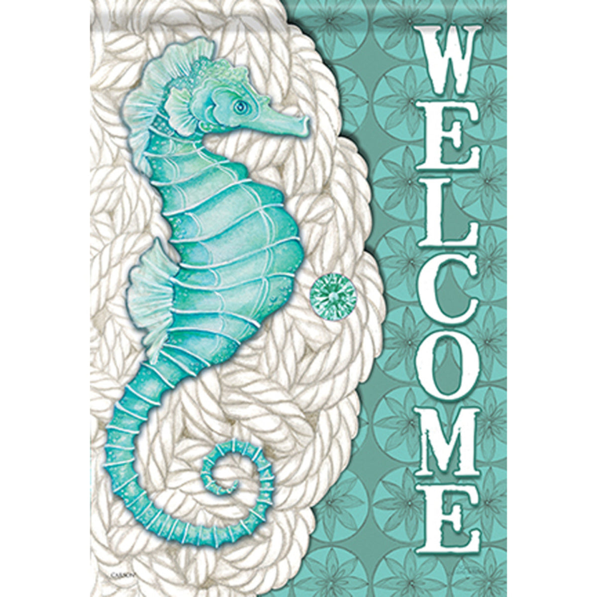 Decorative flag with a seahorse design and 'WELCOME' text on a teal and white background.