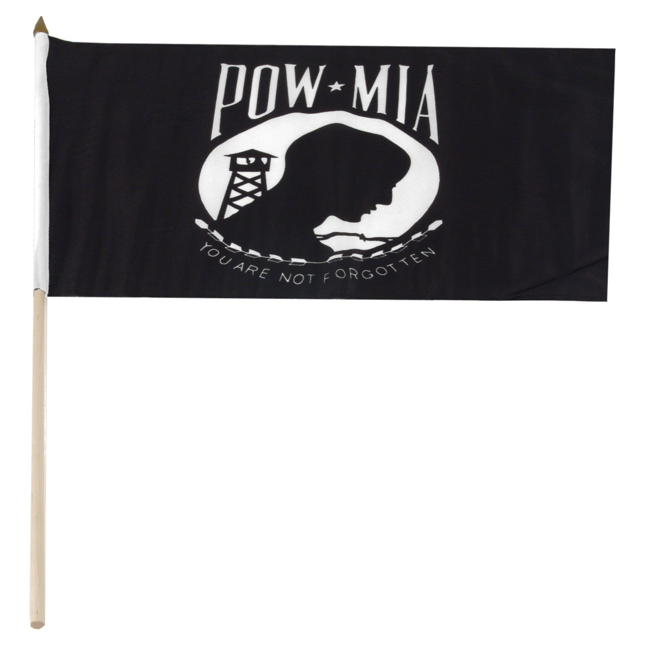 Black POW/MIA flag with white design on a white background