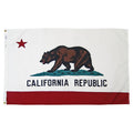 State of California flag featuring a grizzly bear, a red star, and the words 'CALIFORNIA REPUBLIC' on a white background with a red bottom stripe