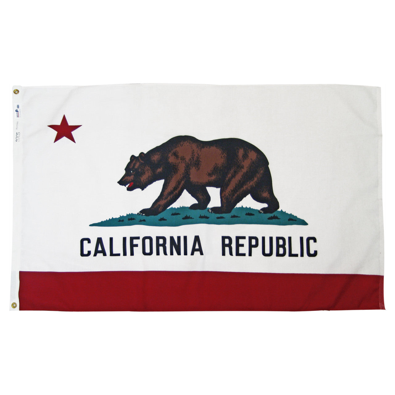 State of California flag featuring a grizzly bear, a red star, and the words 'CALIFORNIA REPUBLIC' on a white background with a red bottom stripe
