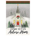 Decorative Christmas-themed flag with a church scene with 'Come Let Us Adore Him' text and plaid border.