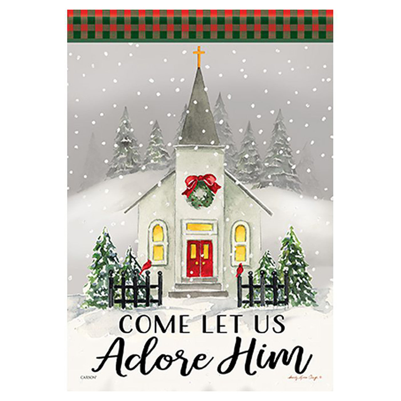Decorative Christmas-themed flag with a church scene with 'Come Let Us Adore Him' text and plaid border.