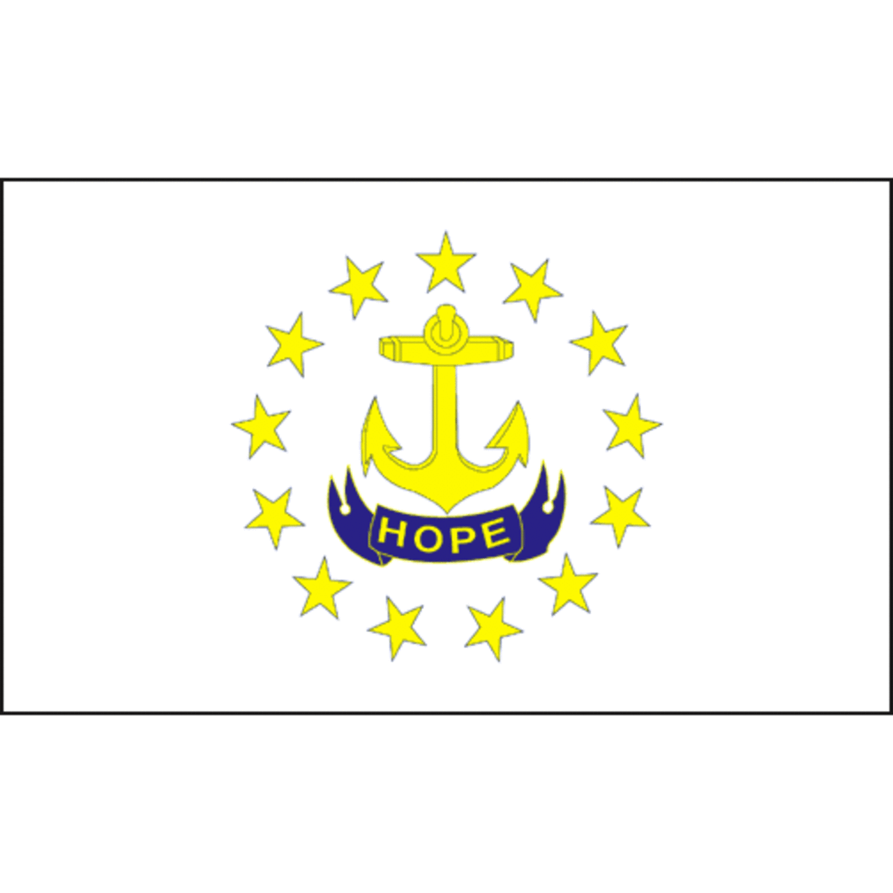 Rhode Island state flag featuring the iconic gold anchor, thirteen gold stars, and the 'Hope' motto scroll on a solid white background