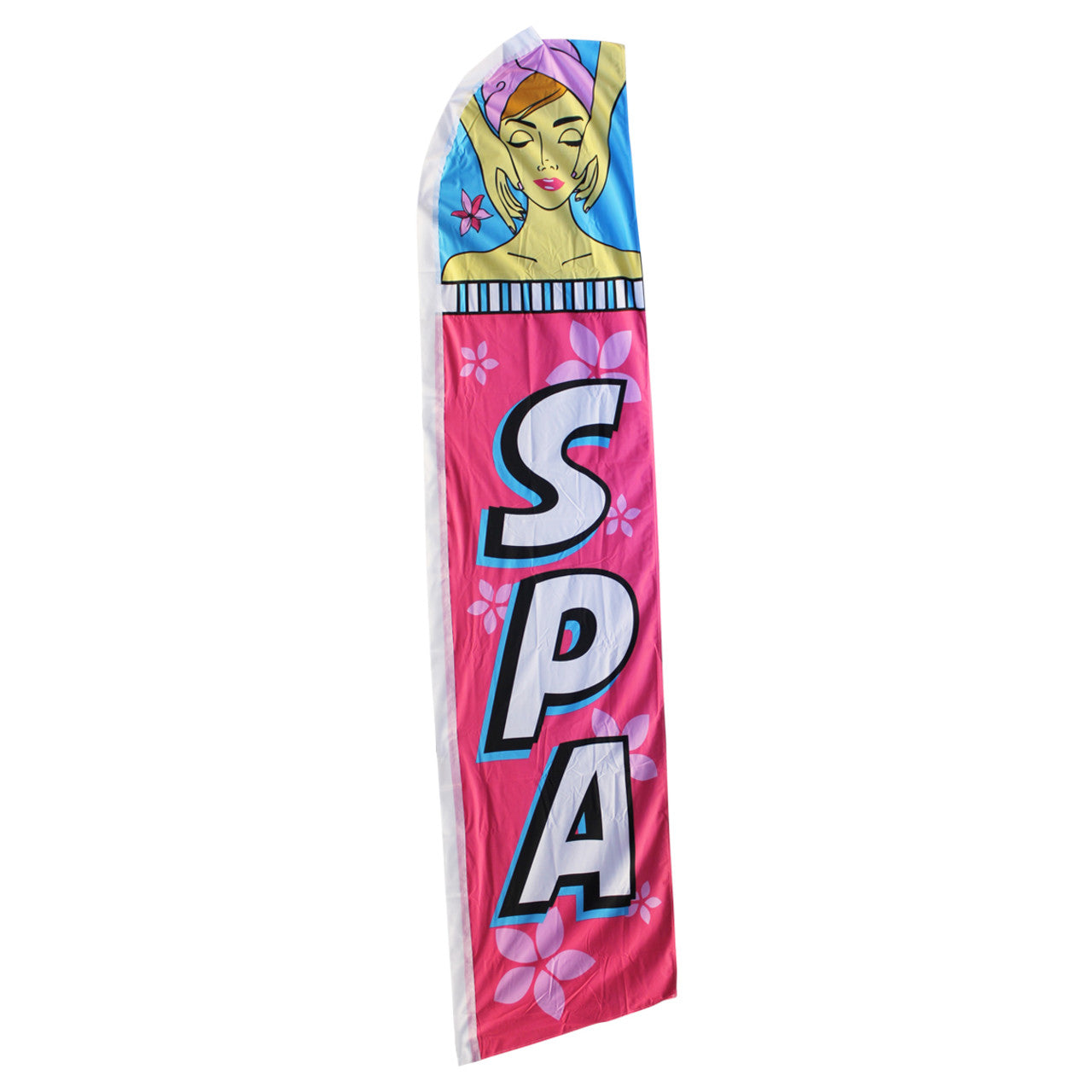 Decorative banner with a cartoon character and 'SPA' text on a pink background