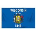 State of Wisconsin flag featuring the full-color state coat of arms, the 'Forward' motto, and 'Wisconsin 1848' text on a solid dark blue field.