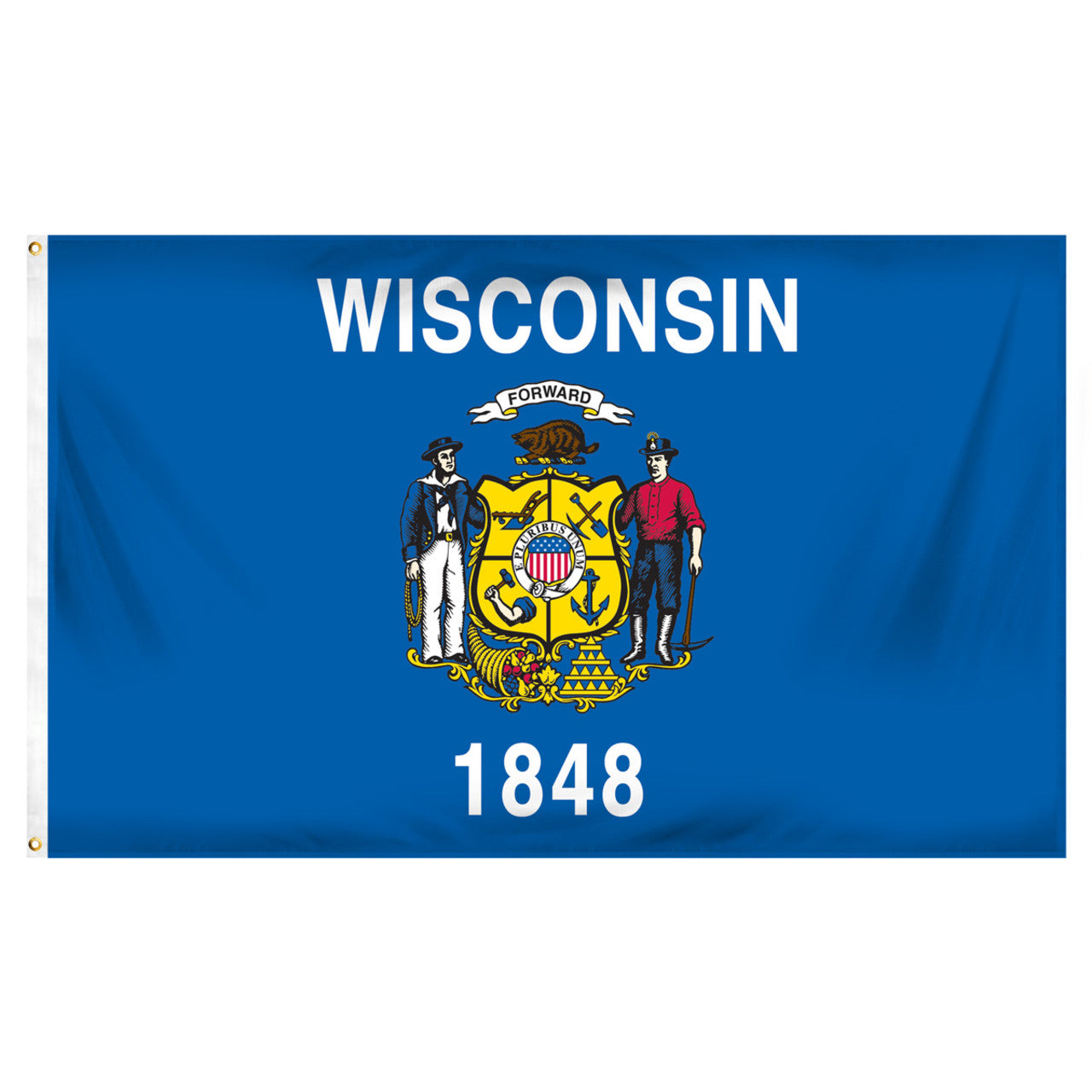 State of Wisconsin flag featuring the full-color state coat of arms, the 'Forward' motto, and 'Wisconsin 1848' text on a solid dark blue field.