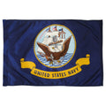 A United States Navy flag featuring a dark blue field with a golden emblem of an eagle, anchor, and ship, surrounded by a yellow circular rope, with the title 'United States Navy' printed on a yellow banner.