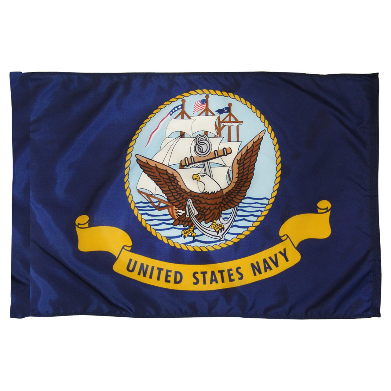 A United States Navy flag featuring a dark blue field with a golden emblem of an eagle, anchor, and ship, surrounded by a yellow circular rope, with the title 'United States Navy' printed on a yellow banner.