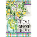 Decorative flag with a mason jar of lemons, flowers, and 'Home Sweet Home' text on a plaid background.