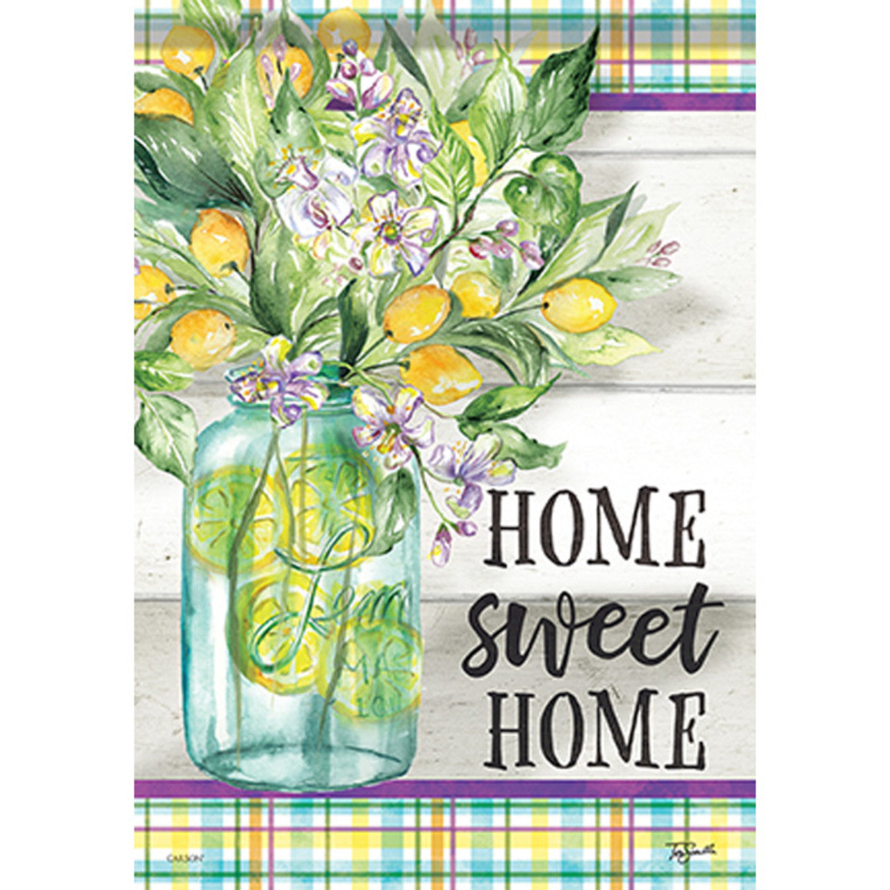 Decorative flag with a mason jar of lemons, flowers, and 'Home Sweet Home' text on a plaid background.
